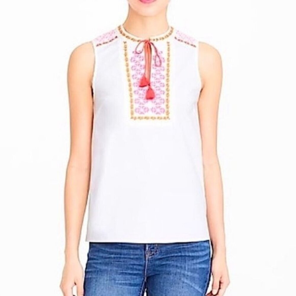 J. Crew White Embroidered Sleeveless Tunic Top